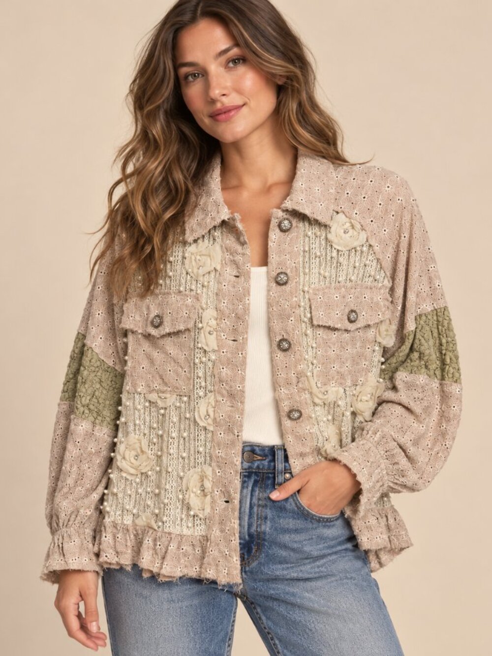 POL Pearl Rosette Lace Patchwork Boho Jacket Women’s Small